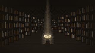 Pixel art: a single beam of light falling on an open book between tall shelves