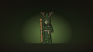 Pixel art: an antlered witch with a staff, in green light