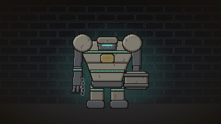 Pixel art: a stone golem with an iron jaw