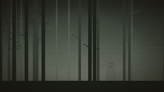 Pixel art: a misty forest of tall dark trunks
