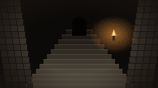 Pixel art: a torchlit stone stair leading down to a dark doorway