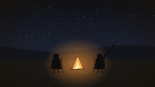 Pixel art: two travellers resting by a campfire under the stars