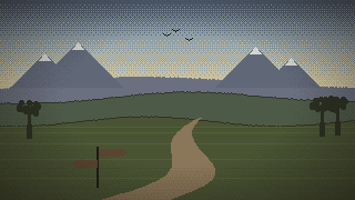 Pixel art: a dirt road winding through green hills toward snowy mountains