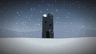 Pixel art: a lone tower in a snowstorm
