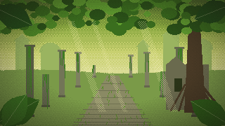 Pixel art: sunlit ruins swallowed by jungle