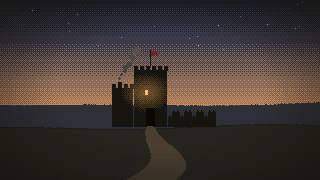 Pixel art: a lit stone keep at dusk at the end of a path